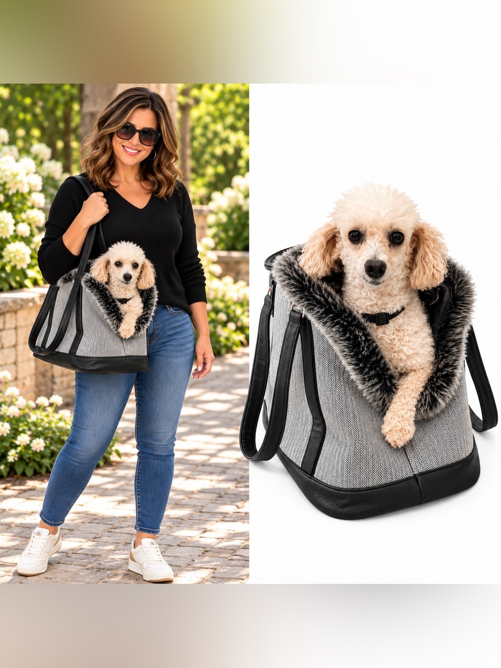 Modern Luxe Collection Fur Lined Pet Carrier Bag with Handles Preppy Petcore